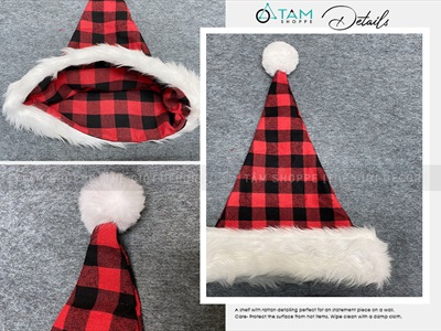 Nón Noel vải sọc Caro Đỏ Đen viền lông thú [Dày dặn - ĐK 32cm] NON-X-06